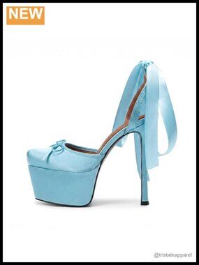 Silk Platform Ankle Strap Heeled Sandals Square Toe Bow Stiletto Pole Dancing